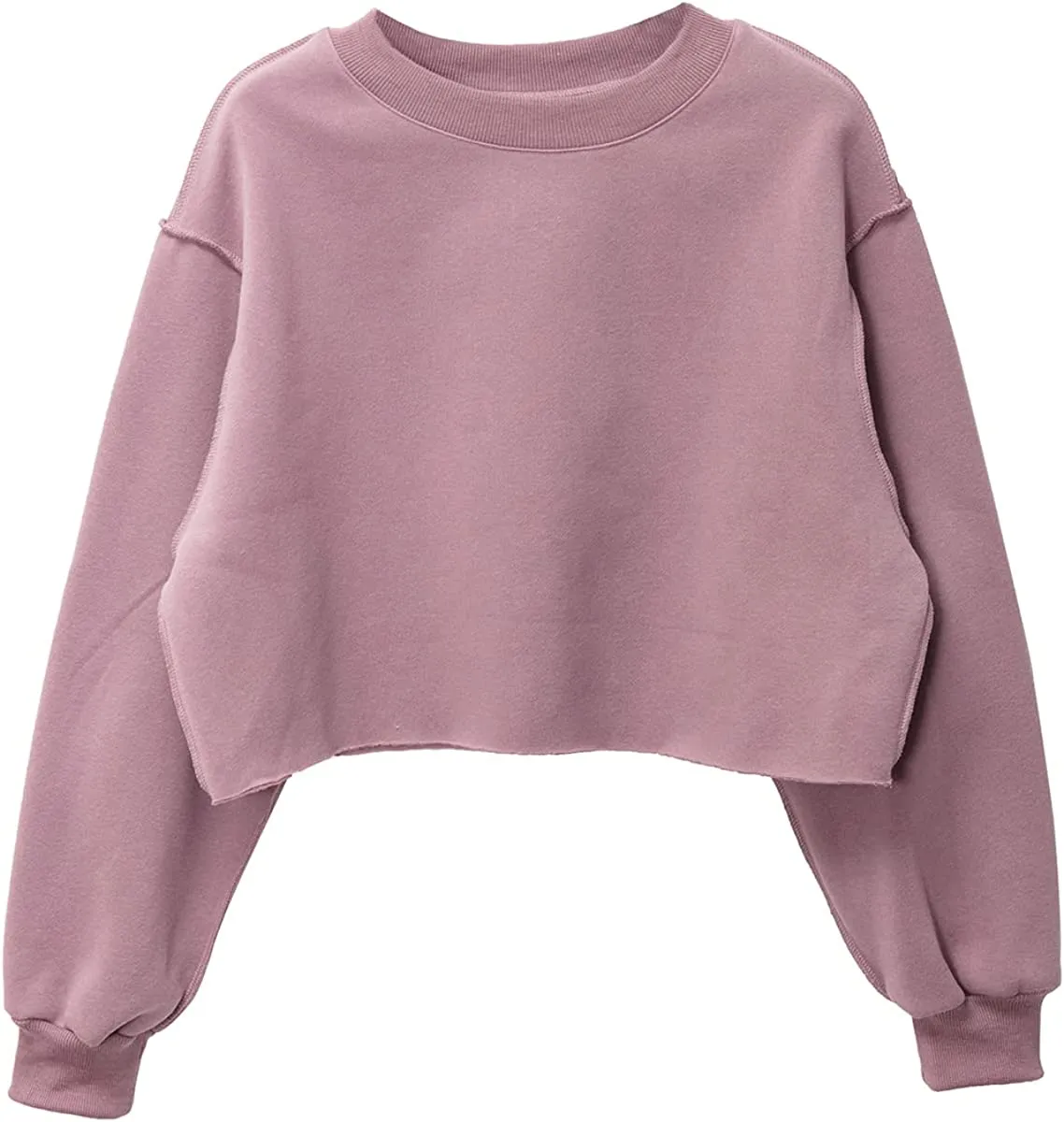 Amazhiyu Women Fleece Raw Hem Cropped Sweatshirt