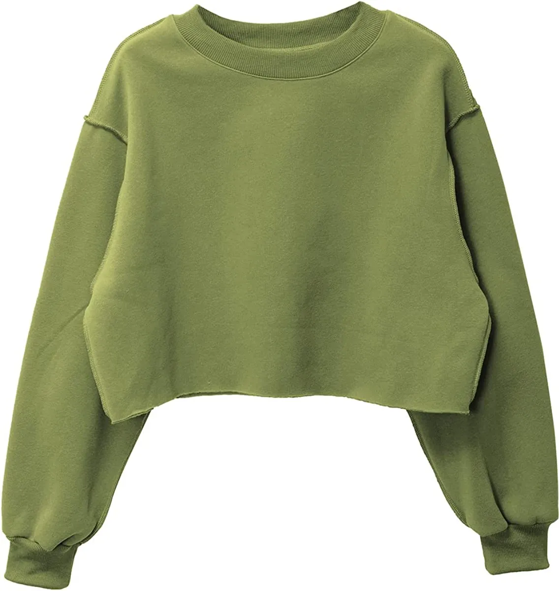 Amazhiyu Women Fleece Raw Hem Cropped Sweatshirt