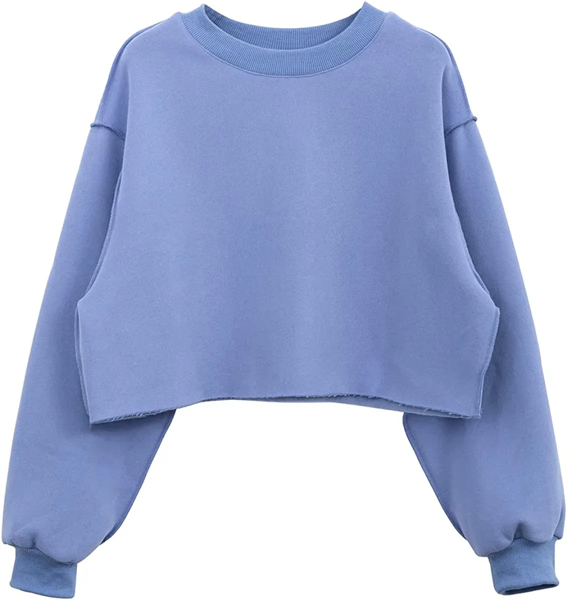 Amazhiyu Women Fleece Raw Hem Cropped Sweatshirt