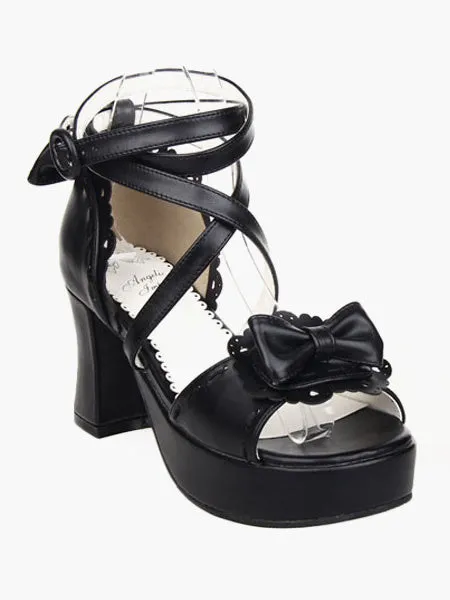 Black Lolita Sandals Chunky Heels Platform Ankle Straps Bow
