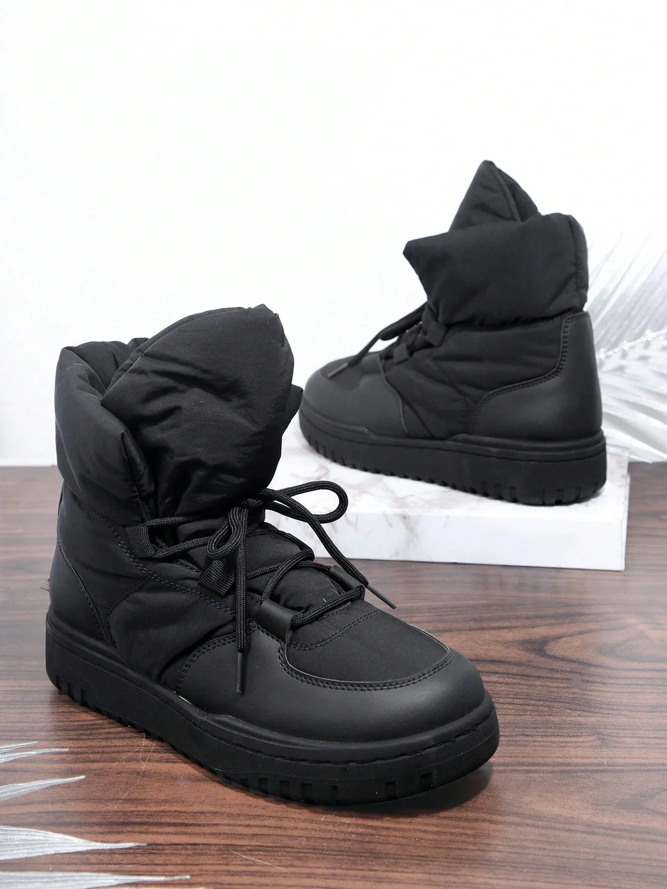 Faux Leather Lace Up Boots - Black
