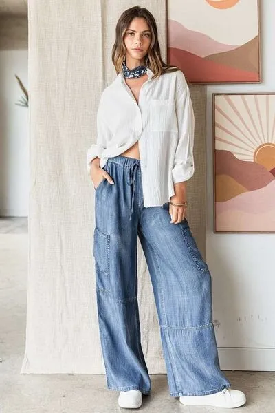 Hazel Blues® |  Mittoshop Washed Elastic Waist Cargo Wide Leg Pants