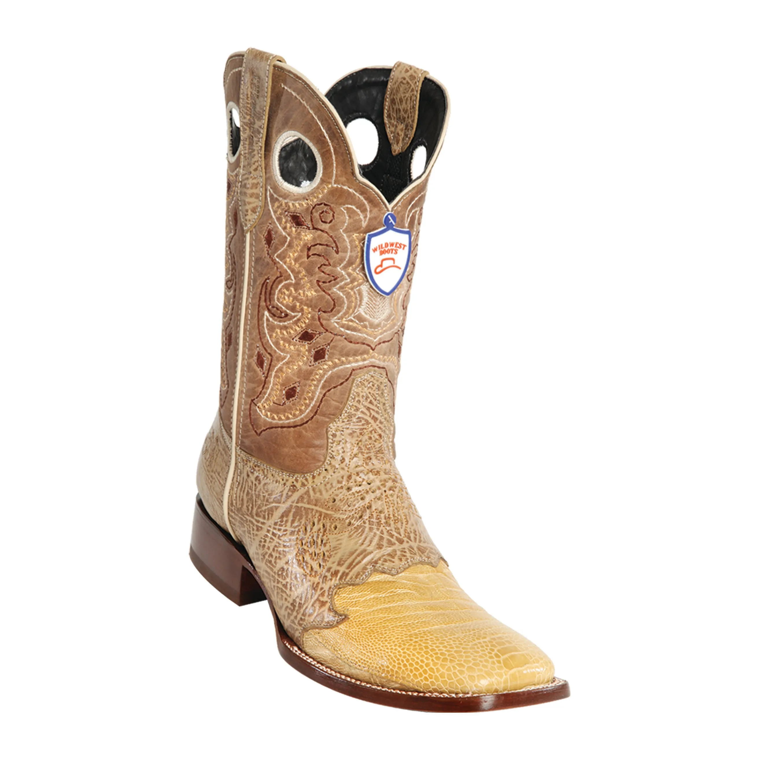 Men's Wild West Ostrich Leg Saddle Boots Wide Square Toe