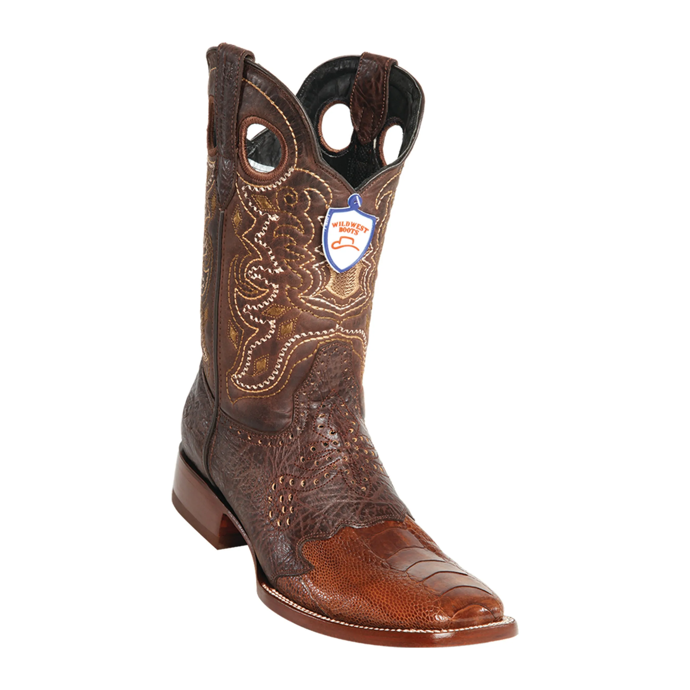 Men's Wild West Ostrich Leg Saddle Boots Wide Square Toe
