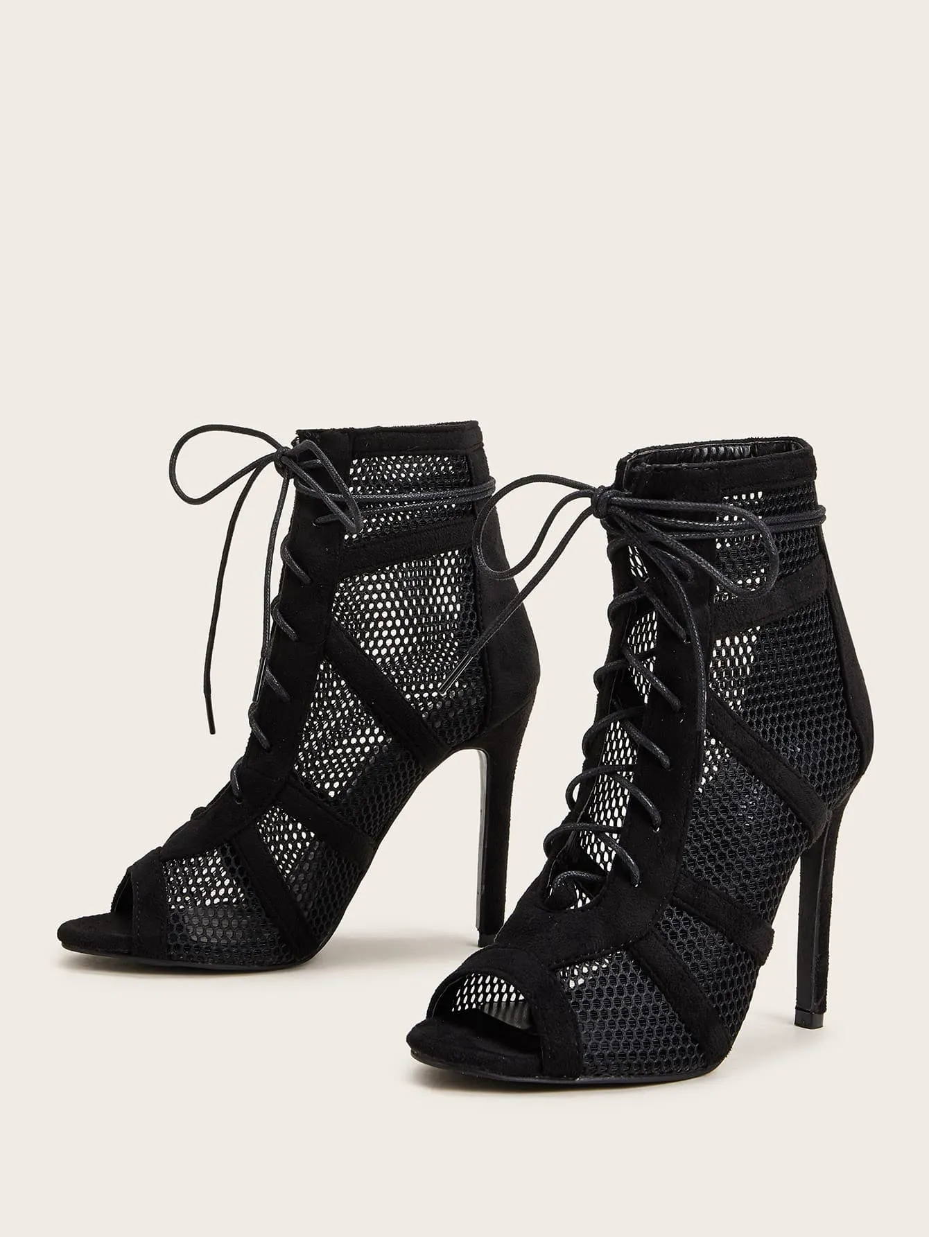 Peep Toe Lace-up Front Mesh Stiletto Heeled Boots - Black