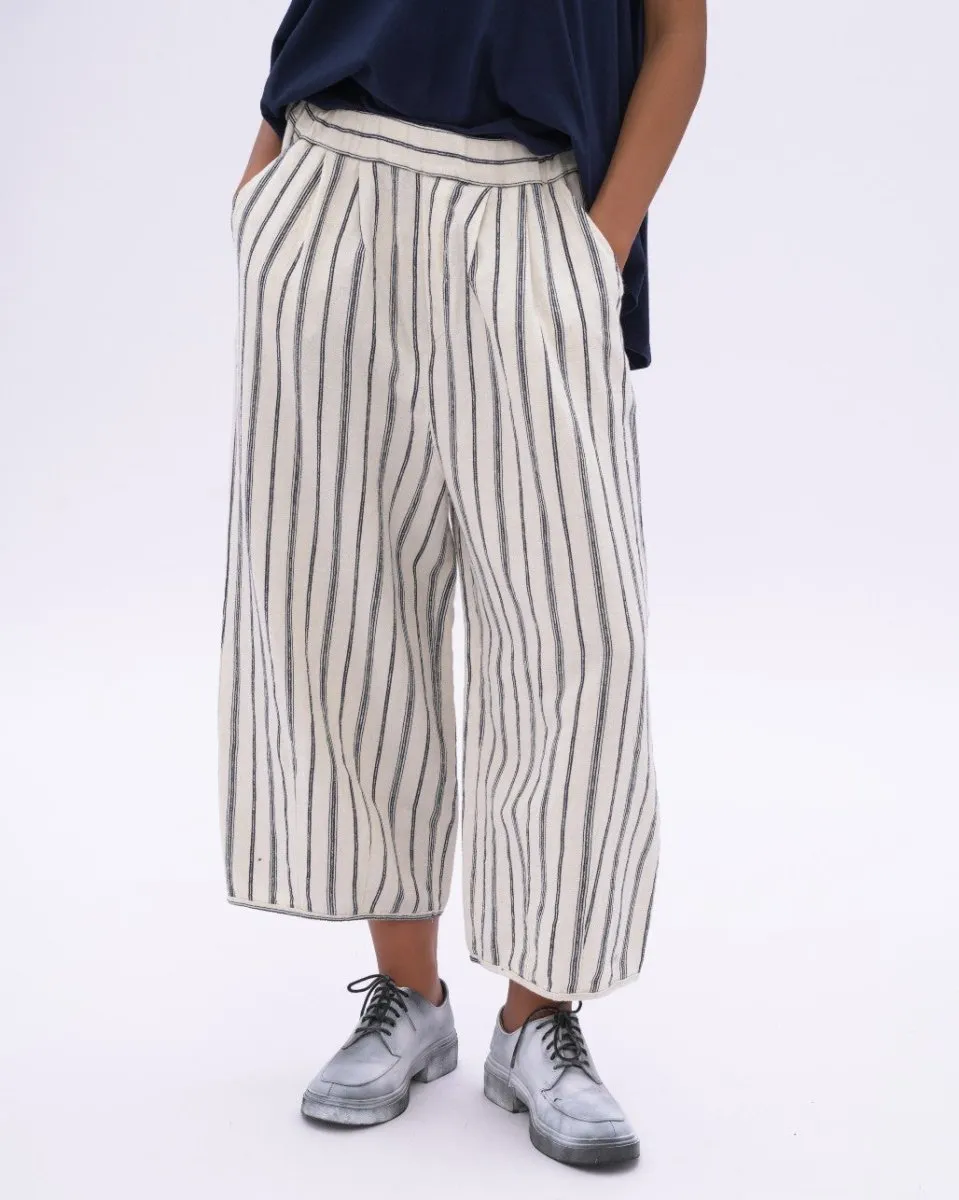 Striped Cotton Linen Elastic Waist Culottes
