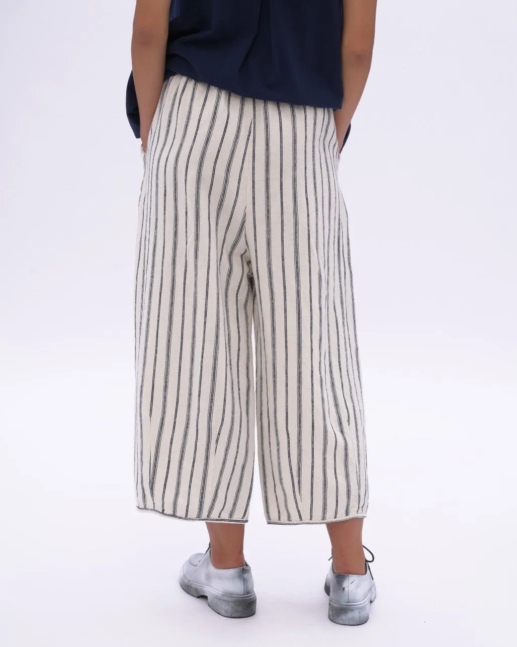 Striped Cotton Linen Elastic Waist Culottes