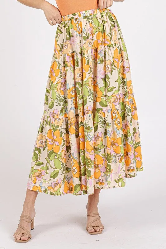 Tangerine Flower Print Elastic Waist Tiered Skirt