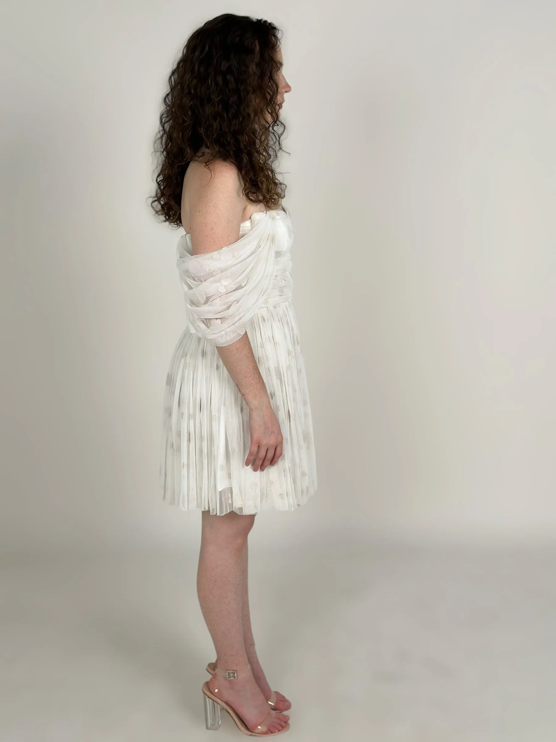White Off Shoulder Ruched Mini Dress